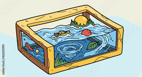 Illustrated diorama of a miniature world inside a water-filled box.