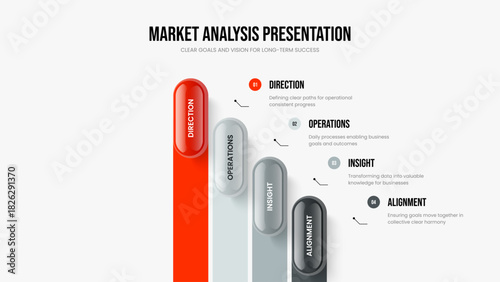 Product Forecast Four Element Infographic Presentation Layout. Service Growth 4 Step Diagram Frame Template. Marketing Report Slideshow Design Vector Illustration.