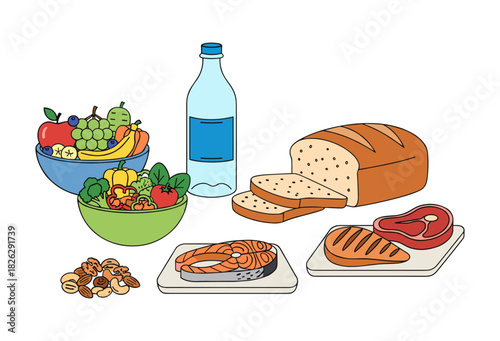 Balanced diet food groups meal planning set