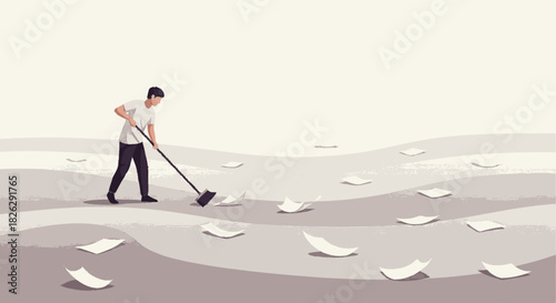 Man with a broom sweeping up scattered white papers.