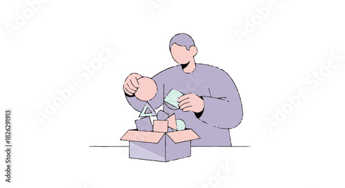 Minimalist line art illustration of a man packing items into a cardboard box.