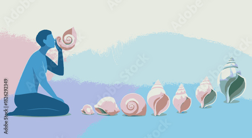 Person kneeling and listening to a conch shell, surrounded by various seashells.