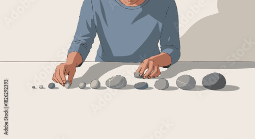 Person meticulously arranging a line of smooth stones by size.