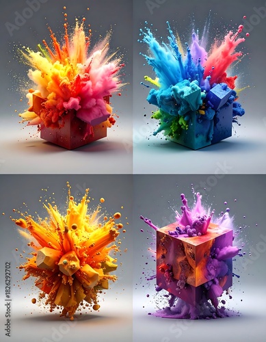 Four vibrant, colorful explosions erupting from abstract cube shapes