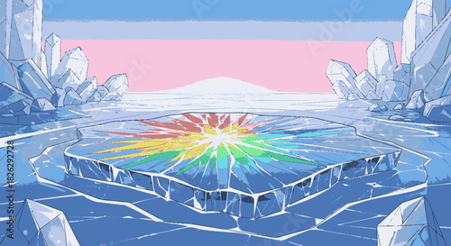 Prismatic light bursting through a fractured square ice platform.