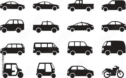 Silhouette Vehicles Icons Set. Cars, Trucks, Motorcycles, Transportation Vector Illustration