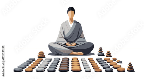 Spiritual practitioner in lotus pose meditating with arranged zen stones.