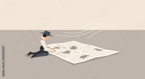 Stylized cartoon man in a hat and sunglasses studying a large map.