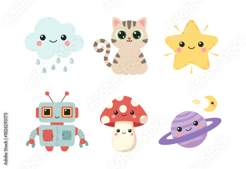 Cute cartoon characters with smiles on white background