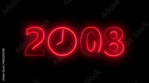 2008 digital text celebration and Calendar neon bright red color animation. Clock icon timer concept on black background.