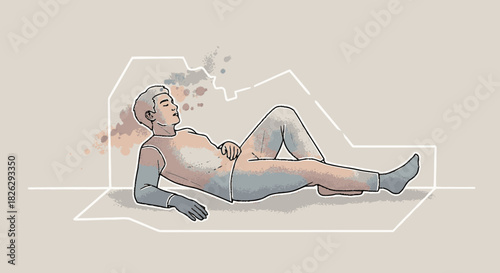 Stylized illustration of a person practicing mindful breathing exercises while lying down.