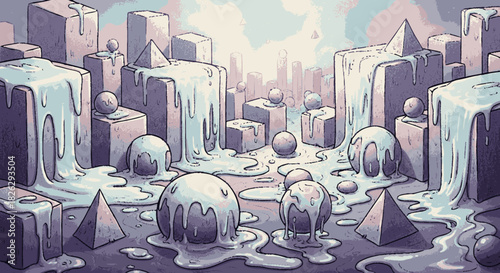 Surreal City of Melting Geometric Forms and Dripping Slime.