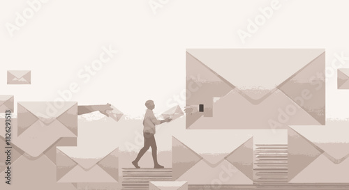 Surreal illustration of a person navigating a world of letters and correspondence.