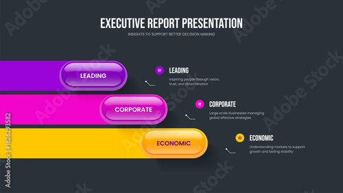 Modern Plan Slideshow Design Vector Illustration. Advertising Review Three Option Diagram Frame Layout. Market Showcase 3 Step Infographic Slide Template.