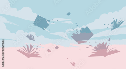 Surreal illustration of many books flying and floating in the air.