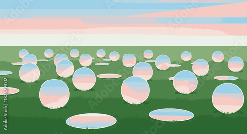Surreal landscape of reflective spheres on a green field.