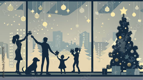 Heartwarming holiday scene of family decorating Christmas tree with dog, city lights twinkling through the window, perfect for festive greetings