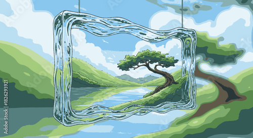 Surreal liquid water frame suspended in mid-air over a landscape.