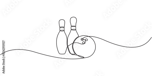 Continuous one line drawing of bowling ball sports, Bowling ball and pins in continuous one line drawing. Symbol of sports, leisure activity, and competition.