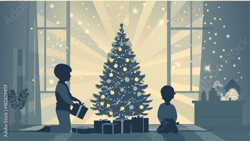 Children excitedly await Christmas morning near a decorated tree and gifts, creating a nostalgic, heartwarming scene of holiday joy and family traditions