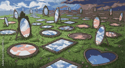 Surreal Landscape with Numerous Mirrors Reflecting the Cloudy Sky.