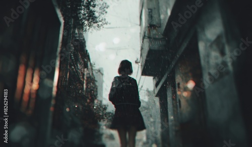 Woman walking alone in alleyway silhouette against buildings at dusk