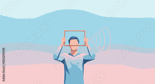Vector illustration of a man holding an empty frame over his face.