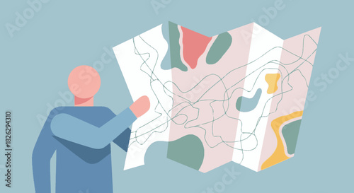 Vector illustration of a person from behind holding a large map.