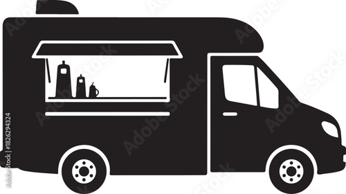 Black silhouette of a food truck with a serving window open
