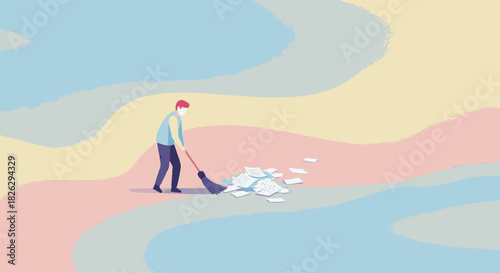 Vector illustration of a person sweeping up a pile of papers.