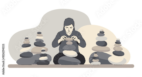 Vector illustration of a person practicing the art of stone stacking.