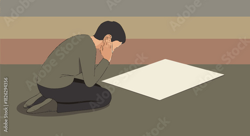 Vector illustration of a sad man kneeling in despair before a blank paper.