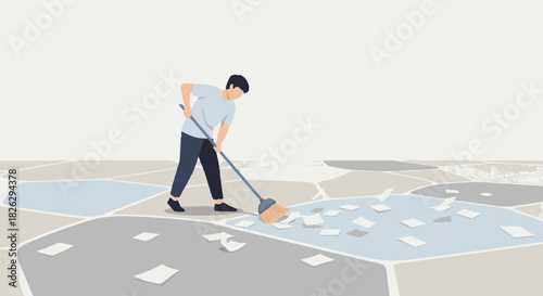 Vector illustration of a young man sweeping up scattered papers outdoors.