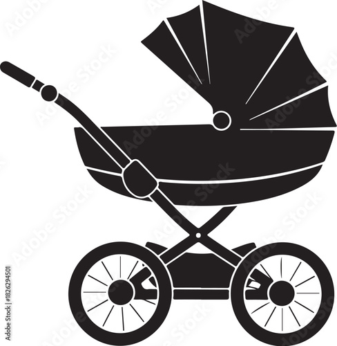 Silhouette of a classic pram on a white background, perfect for baby