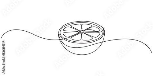 Lemon slice continuous line drawing vector illustration. Wedge of lemon line art illustration, Continuous single line drawing sketch of a halved lemon and a lemon wedge artfully arranged for a refresh