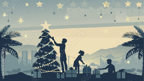 Festive tropical Christmas scene with silhouettes of family decorating a tree near palm trees and cityscape, evokes holiday warmth and family togetherness