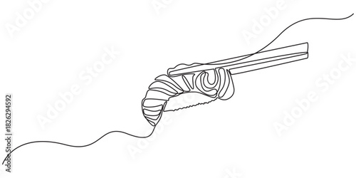 Sushi set, Philadelphia roll, maki, Sushi roll with chopsticks in hand one line art. Continuous line drawing of sushi, japanese, food, roll, culture, tasty, restaurant, japan, asian, sea, menu