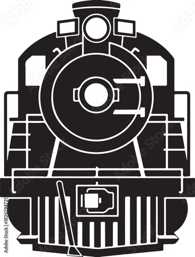 Vintage steam locomotive front view silhouette isolated on white