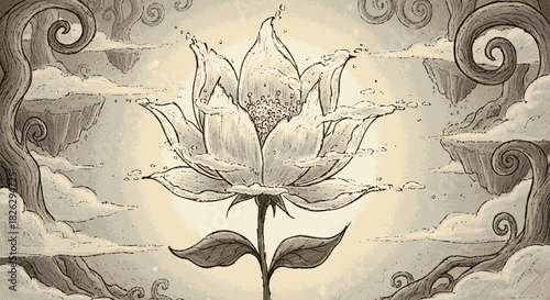 Vintage monochrome sketch of a beautiful blooming water lotus flower.