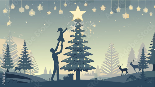 Heartwarming winter scene of family decorating Christmas tree in snowy woods, gifts, starlight, perfect for holiday cards and festive projects this season