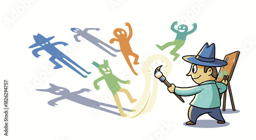 Whimsical artist character creating colorful life with a magic paintbrush.