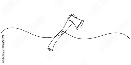 Continuous line drawing of an axe. Tool to split and cut wood or harves timber. Simple flat hand drawn style vector for tool in engineering and construction, Continuous single line drawing of axe. Axe