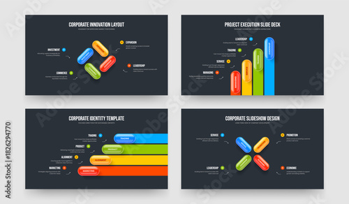 Visual Forecast Four Element Infographic Slideshow Layout Vector Illustration Collection. Marketing Growth 4 Option Diagram Frame Design Bundle.