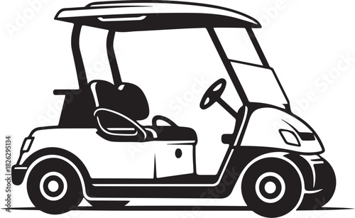 Black and white illustration of a golf cart, isolated on white background.