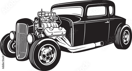 Classic hot rod coupe with exposed supercharged engine, detailed vector art