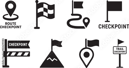 Bold silhouette checkpoint icons set featuring markers, flags, and location symbols.