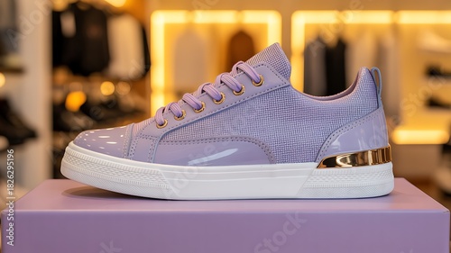 Fashionable lilac sneaker on display showcasing unique details and design elements