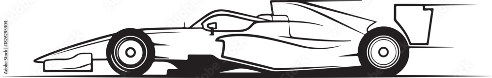 Obraz premium Outline of a formula 1 race car in motion, side view, black on white