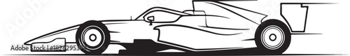 Outline of a formula 1 race car in motion, side view, black on white