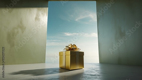 A golden gift box placed in an open room with a clear sky beyond, symbolizing opportunities